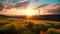 Aerial view of wind turbines at sunset. Alternative energy source. Ecological wind turbines on a green field, AI Generated