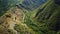 Aerial view of winding mountain road. Italian Dolomites mountains