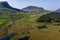 Aerial view of a winding road through beautiful mountainous scenery Rhyd Ddu, Snowdonia, Wales