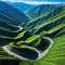 An aerial view of a winding road cutting through mountains or a coastal depicting