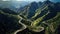 Aerial view of a winding road cutting through mountains or a coastal landscape, depicting nature is grandeur. Generative Ai