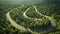 Aerial view of a winding road in the forest in the mountains, Summer Pine Forest and Winding Curvy Road, Top Down Birds Eye View