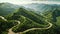 Aerial view of winding road in the mountains. Top view of mountain road