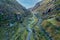 Aerial view of the winding roads at Gap of Dunloe in Ring of Kerry, a narrow mountain pass running north to south of county Kerry