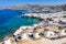 Aerial view of the windmills above Mykonos town, Greece