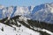 Aerial view of winter Austria skiing camp on Alp mountain slope