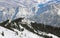 Aerial view of winter Austria skiing camp on Alp mountain slope