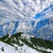 Aerial view of winter Austria skiing camp on Alp mountain slope