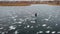 Aerial view. Winter fun on ice. A beautiful shot from a height, a woman rides on canyons on a frozen pond.