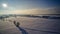 Aerial view of a winter landscape with a sunset casting a glow over a snow-covered field