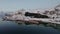 Aerial view of winter landscapes, snowcapped mountains and frozen road in Lofoten Islands in Norway