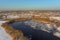 Aerial view of a winter in suburb city with snow covered of Burlington, NJ residential quarters by the Delaware river