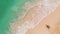 Aerial view of a woman laying on the beach sand. Girl in bikini relaxing and watching the waves