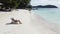 Aerial view of woman relaxing on the tropical beach, reading book and sunbathing. Tropical island. Summer vibes.