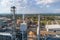 Aerial view of wood processing factory with stacks of lumber at plant manufacturing yard