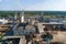 Aerial view of wood processing factory with stacks of lumber at plant manufacturing yard