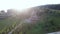 Aerial view of an wooden church on sunset.