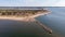 Aerial view of the work in progress to replace the groyne at Hengistbury Head