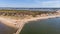 Aerial view of the work in progress to replace the groyne at Hengistbury Head