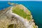 Aerial view of Worm`s Head on the coast of Wales at low tide