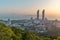 Aerial view of Xiamen cityscapes at dusk, skyline and the seascape during the sunset, Fujian China