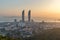 Aerial view of Xiamen cityscapes at dusk, skyline and the seascape during the sunset, Fujian China