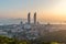 Aerial view of Xiamen cityscapes at dusk, skyline and the seascape during the sunset, Fujian China