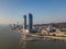 Aerial view of Xiamen cityscapes, skyline and the bridge with beautiful seascape during the sunset, Fujian China