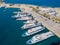 Aerial view of the yacht club. Aerial top-down view of docked sailboats in Mediterranean sea