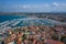 Aerial View of Yacht Club and Marina in Biograd na Moru. Summer time in Dalmatia region of Croatia. Coastline and turquoise water