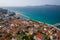 Aerial View of Yacht Club and Marina in Biograd na Moru. Summer time in Dalmatia region of Croatia. Coastline and turquoise water