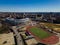 Aerial view of the Yankee stadium located in the center of Bronx with lots of buildings around it