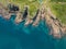 Aerial View of Yongmeori Coastal Walk on Jeju Island, South Korea. Rough Geological Formation Made with Erosion