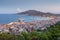 Aerial view of Zakynthos Zante town at sunset. Beautiful cityscape panorama of Greece city. Traveling concept background.