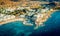 Aerial viewpoint of costal village on Paros island, Greece