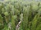 Aerial waterfall cascade fall in Jukankoski Russian Karelia. Summer forest