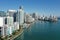 Aerial of waterfront residential buildings in Brickell area of Miami, Florida.