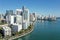 Aerial of waterfront residential buildings in Brickell area of Miami, Florida.