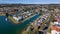 Aerial wide angle view of Hastings River and green Port Macquarie town in New South Wales, Australia