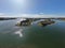 Aerial wide angle view of Hastings River and green Port Macquarie town in New South Wales, Australia