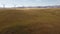 Aerial windmills turning over rolling hills toward Canadian Rocky Mountains.