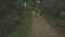 Aerial of a young woman walking through a forest, low altitude tracking shot forward following