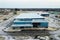 Aerial zoom of the Cayuga Arena in Cayuga, Ontario, Canada