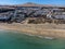 Aeriav view on sandy dunes, beach and Costa Calma, Fuerteventura, Canary islands, Spain in winter, sunny winter day