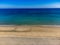 Aeriav view on sandy dunes, beach and Costa Calma, Fuerteventura, Canary islands, Spain in winter on sunset