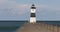 Aerie Harbor Pierhead lighthouse Pennsylvania woman walking 4K