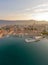 Aeril drone shot of Diocletian Palace in rising sun light morning in Split old town Croatia