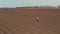 Aero. Female agronomist walks on field with special soil rows. She tests, using tablet, quality of automated potatoe