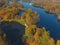 Aero view of the Park in autumn. Lake and forest view from above. Gatchina. Russia