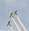 Aerobatic pilots training in the blue sky, airplanes with colored trace smoke